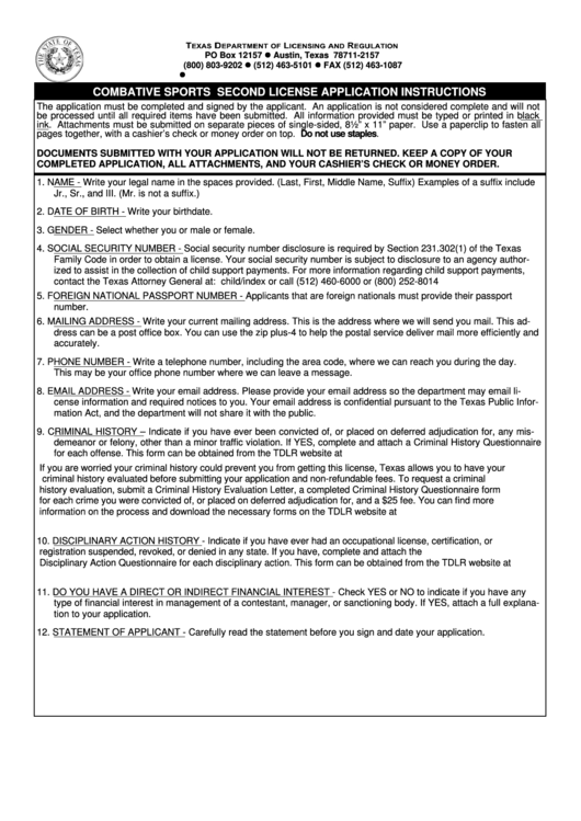 Combative Sports Second License Application Instructions