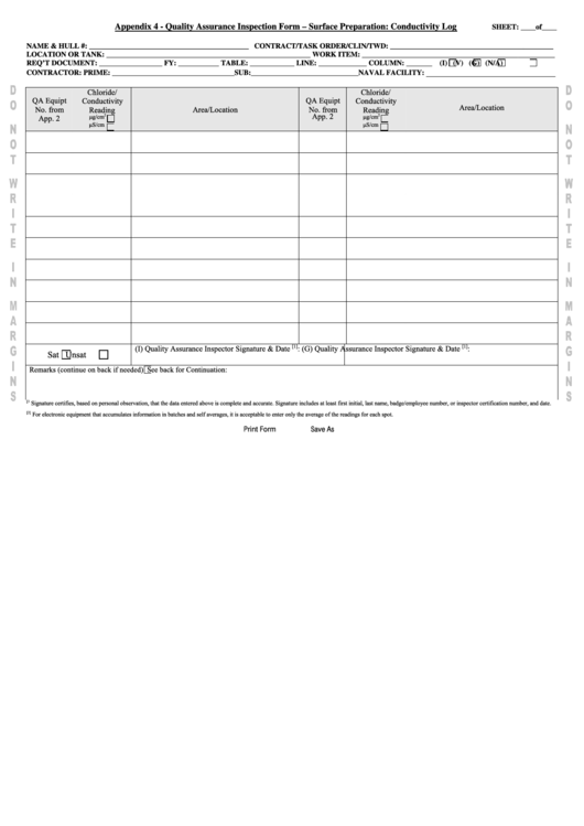 Fillable Quality Assurance Inspection Form - Surface Preparation: Conductivity Log Printable pdf
