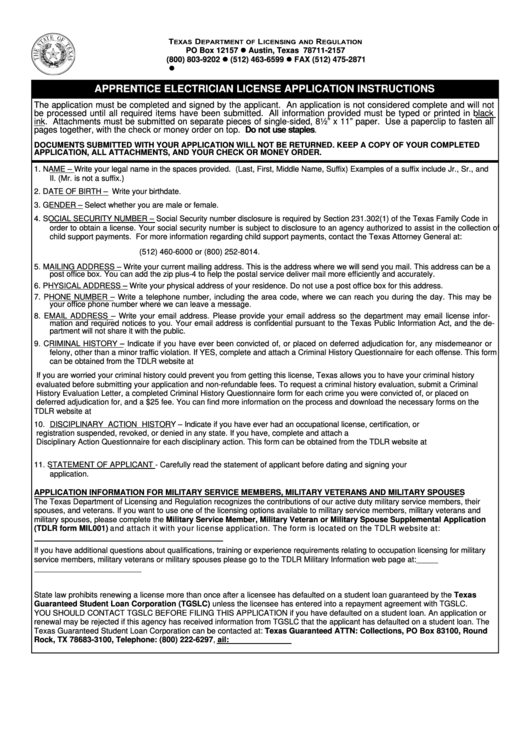 Apprentice Electrician License Application Instructions