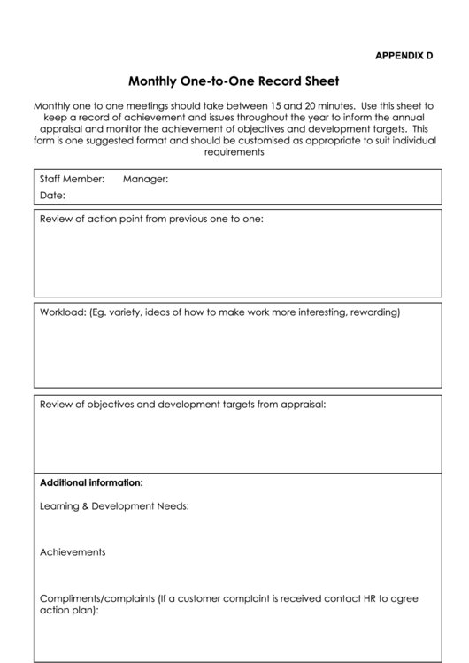 Monthly One-to-one Record Sheet - Meetings