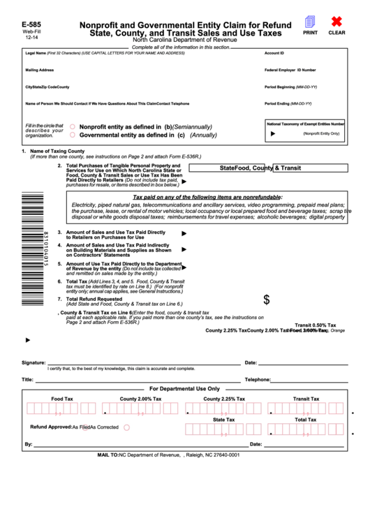 Fillable E-585 - Nonprofit And Governmental Entity Claim For Refund State, County, And Transit Sales And Use Taxes Printable pdf