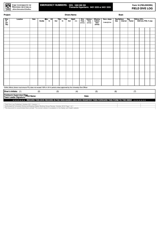 Form 16 (Fieldwork) Field Dive Log Printable pdf