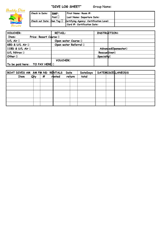Dive Log Sheet Printable pdf