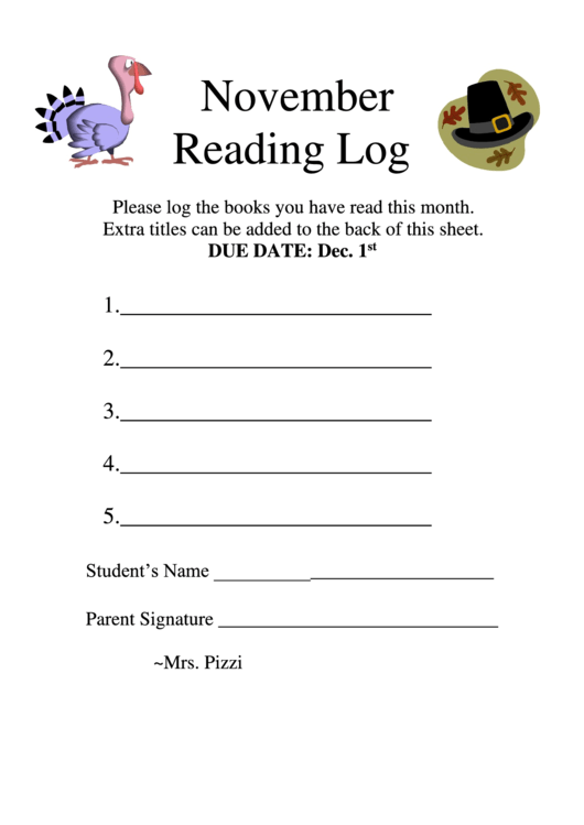 November Reading Log Template Printable pdf