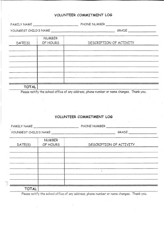 Volunteer Commitment Log Template Printable pdf