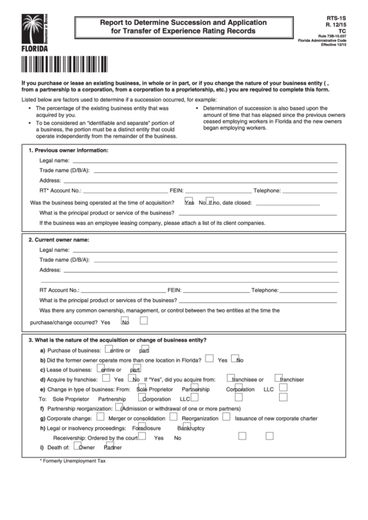 Form Rts-1s - Report To Determine Succession And Application For Transfer Of Experience Rating Records 2015 Printable pdf