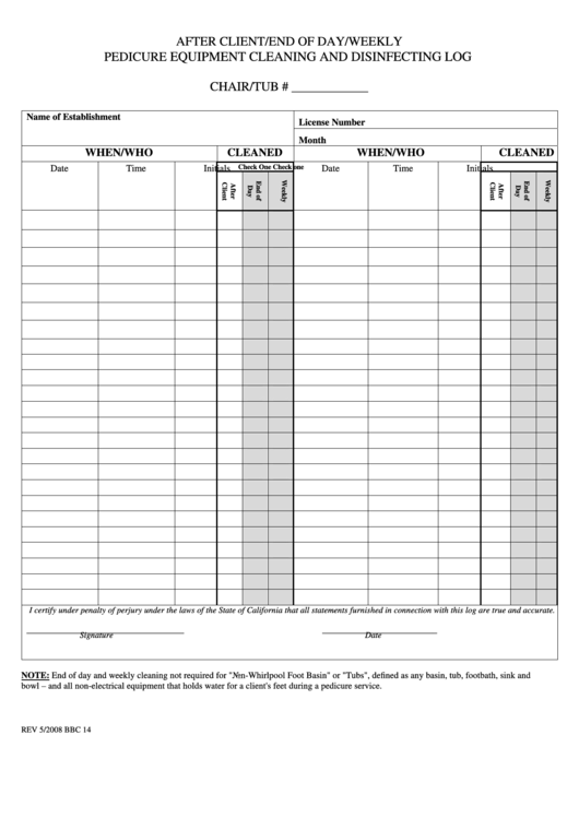 After Client/end Of Day/weekly Pedicure Equipment Cleaning And Disinfecting Log Template Printable pdf