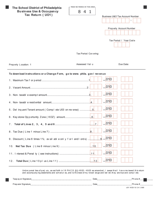 841 - The School District Of Philadelphia Business Use And Occupancy Tax Return Printable pdf