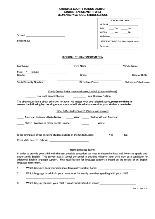 Student Enrollment Form (Elementary School Or Middle School) Printable pdf