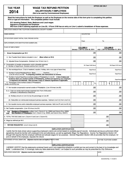 Wage Tax Refund Petition Salary/hourly Employees
