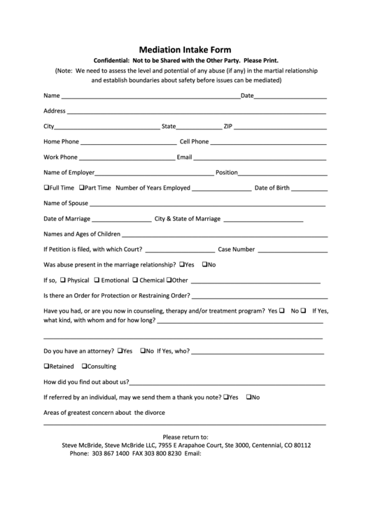 Mediation Intake Form Printable pdf