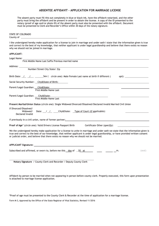 Form M-3 - Absentee Affidavit - Application For Marriage License Printable pdf