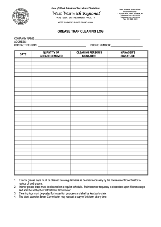 Grease Trap Cleaning Log Template Printable pdf