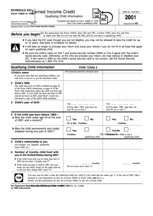 Schedule Eic Form 1040a Or 1040 Earned Income Credit Printable