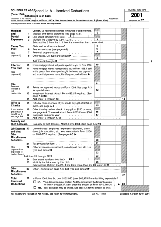 Schedules A&b (Form 1040) - Itemized Deductions, Interest And Ordinary Dividends - 2001 Printable pdf