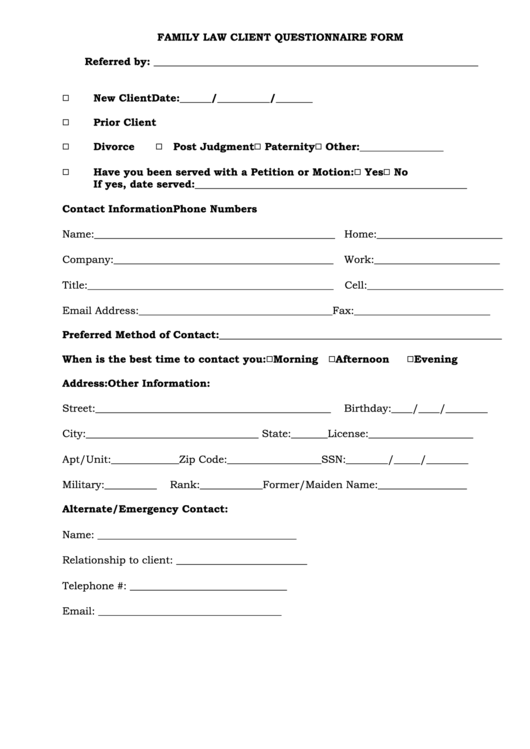 Family Law Client Questionnaire Form printable pdf download