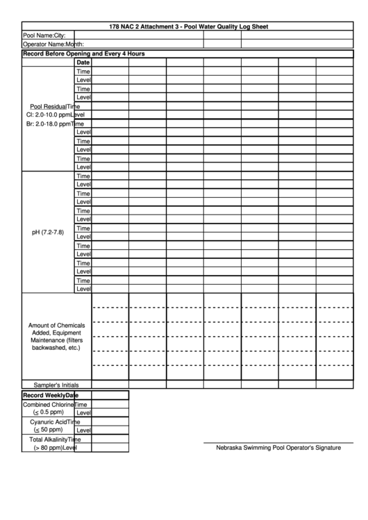 Pool Water Quality Log Sheet Printable pdf