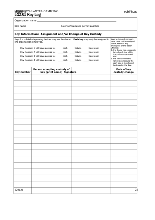 Minnesota Lawful Gambling - Lg281 Key Log Printable pdf