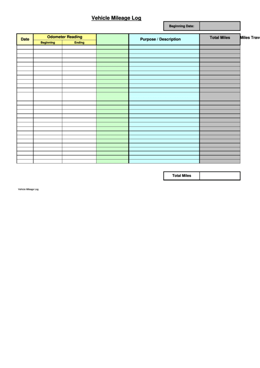 Vehicle Mileage Log Sheet Printable pdf