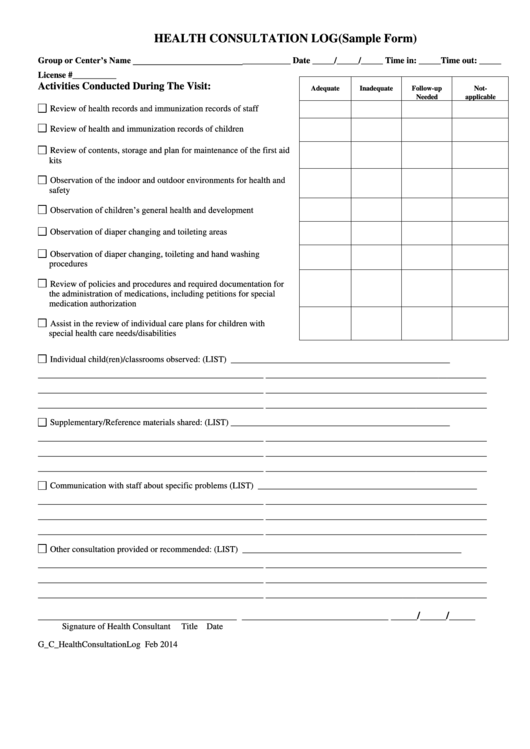Health Consultation Log Printable pdf