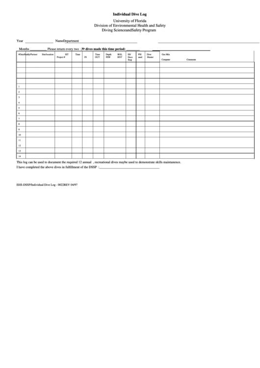 Individual Dive Log Printable pdf
