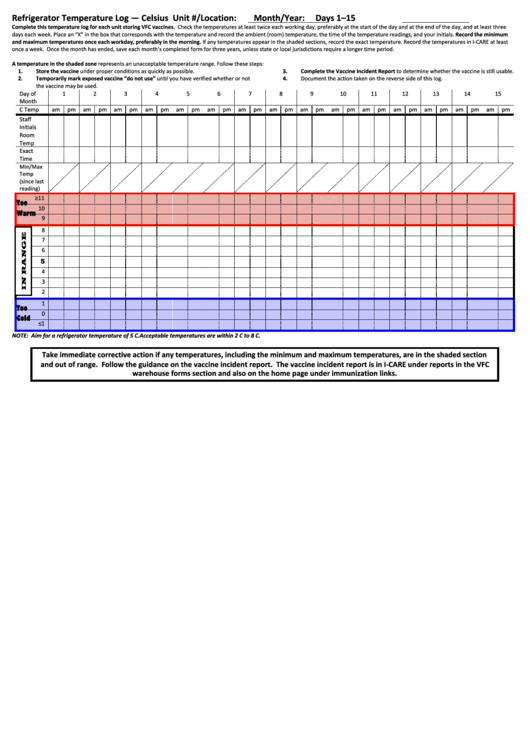 Vaccine Refrigerator Temperature Log - Celsius Printable pdf