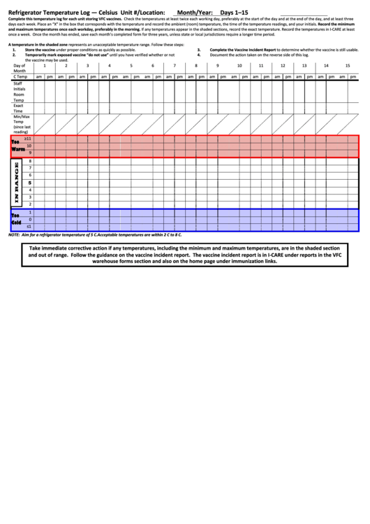 vaccine refrigerator temperature log celsius printable pdf download