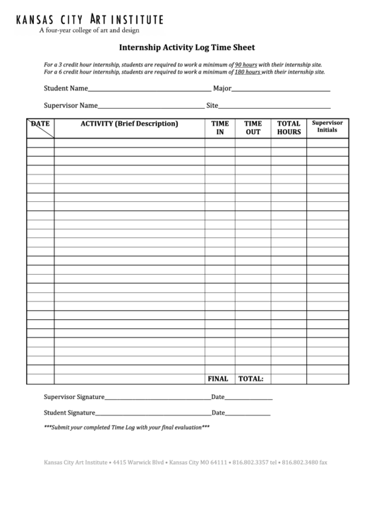 Internship Activity Log Time Sheet Printable pdf