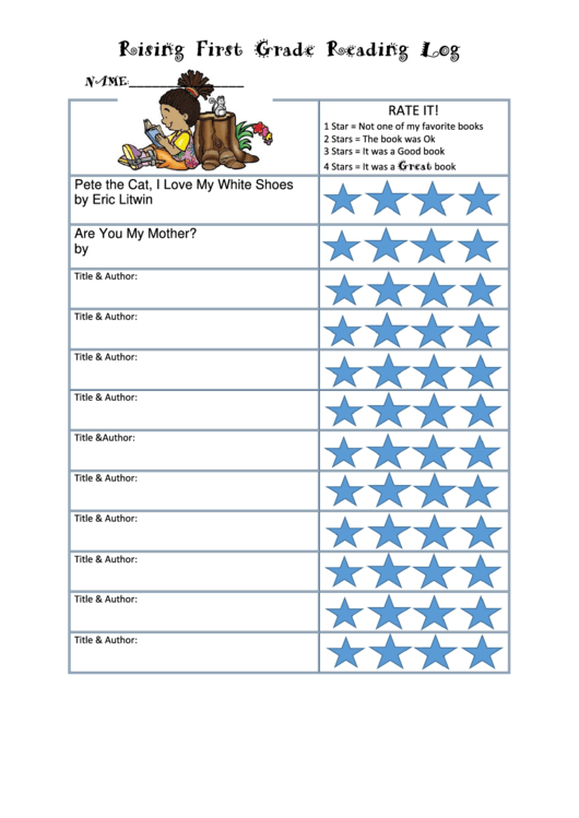 Rising First Grade Reading Log Printable pdf