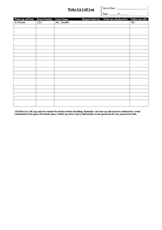 Wake-Up Call Log Template Printable pdf