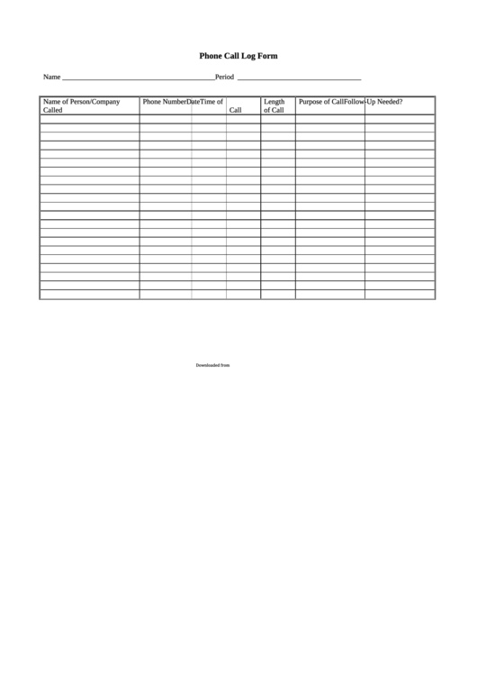 Business Phone Call Log Form Printable pdf