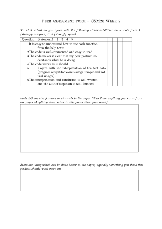 Peer Assessment Form - Csm25 Week 2 Printable pdf