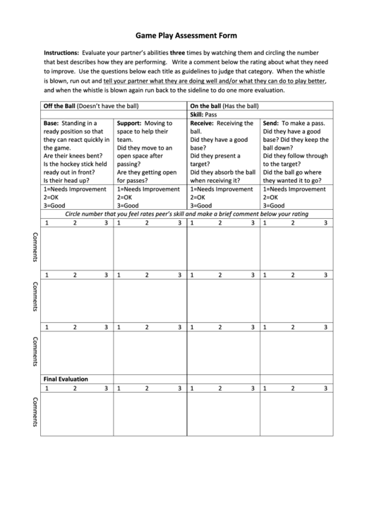 Game Play Assessment Form Printable pdf