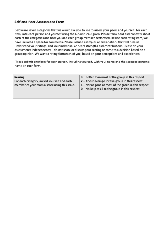 Self And Peer Assessment Form Printable pdf