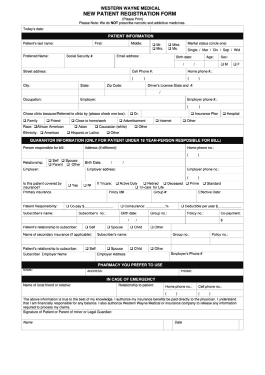 Western Wayne Medical New Patient Registration Form Printable pdf