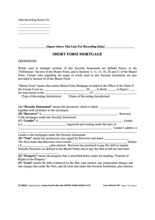 Fillable Form 3010-Sf - Short Form Mortgage - Florida Printable pdf