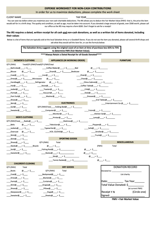 Expense Worksheet For Non Cash Contributions Printable Pdf Download
