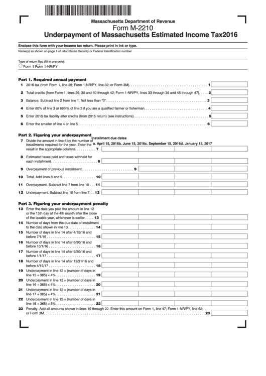 Form M-2210 - Underpayment Of Massachusetts Estimated Income Tax Printable pdf