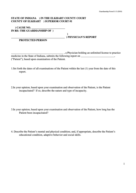 Indiana Guardianship Form E13 Physician'S Report printable pdf download