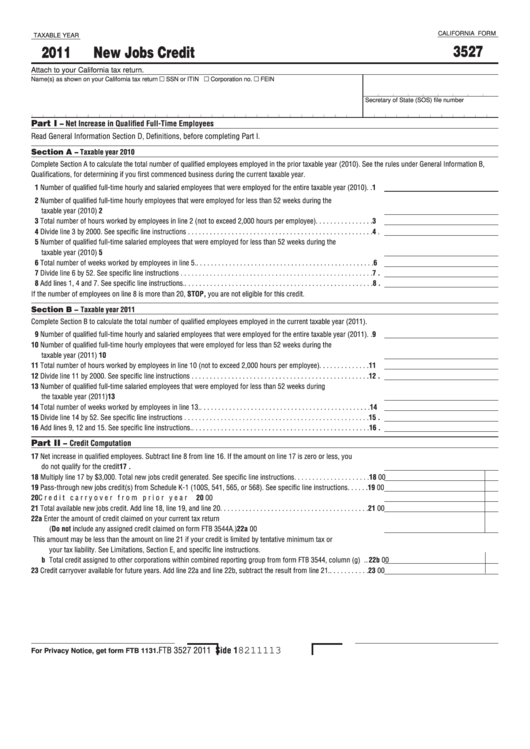 Fillable Form 3527 - New Jobs Credit 2011 - California Printable pdf