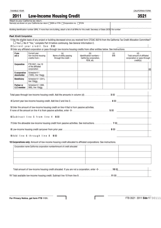 Fillable Form 3521 - Low-Income Housing Credit 2011 - California Printable pdf