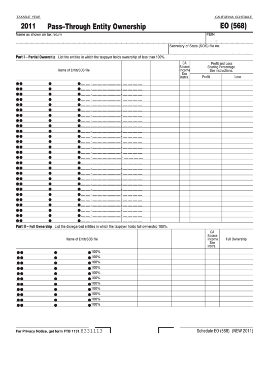 Fillable Form California Schedule Eo (568) - Pass-Through Entity Ownership - 2011 Printable pdf