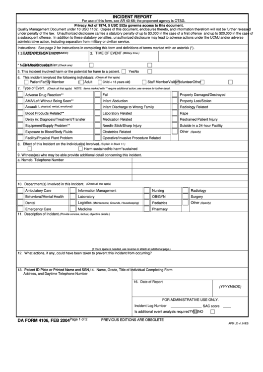 Fillable Da Form 4106 - Incident Report Printable pdf