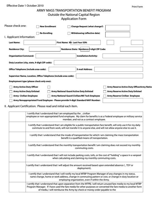 Fillable Army Mass Transportation Benefit Program Application Form Printable pdf
