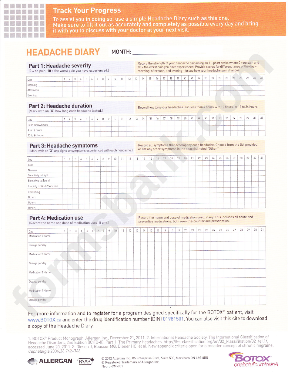 Headache Diary Template printable pdf download