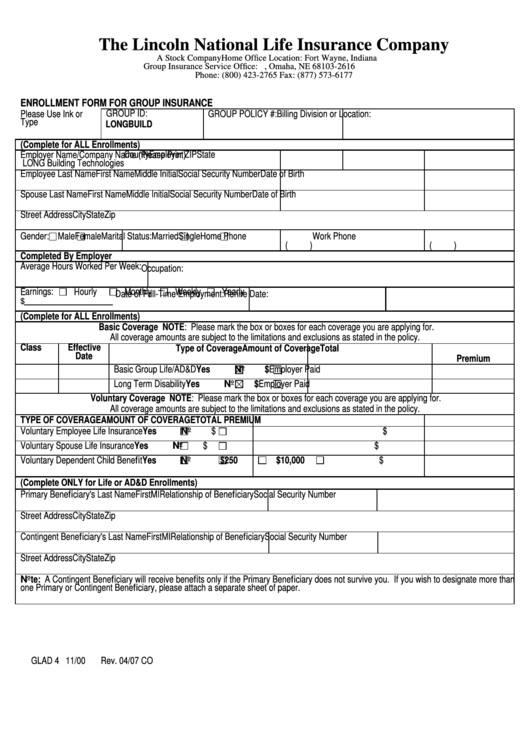 Enrollment Form For Group Insurance Printable pdf