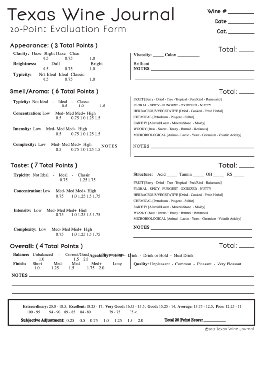 Texas Wine Journal - 20-Point Evaluation Form Printable pdf