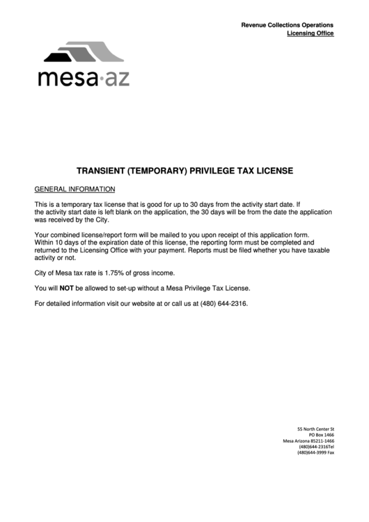 Application For Transient (Temporary) Privilege Tax License (Arizona) - 2011 Printable pdf