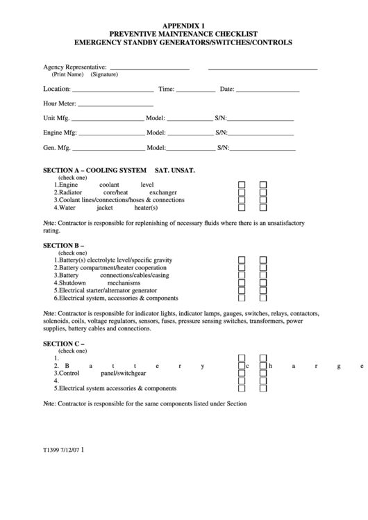 Appendix 1 Preventive Maintenance Checklist Emergency Standby Generators/switches/controls Printable pdf