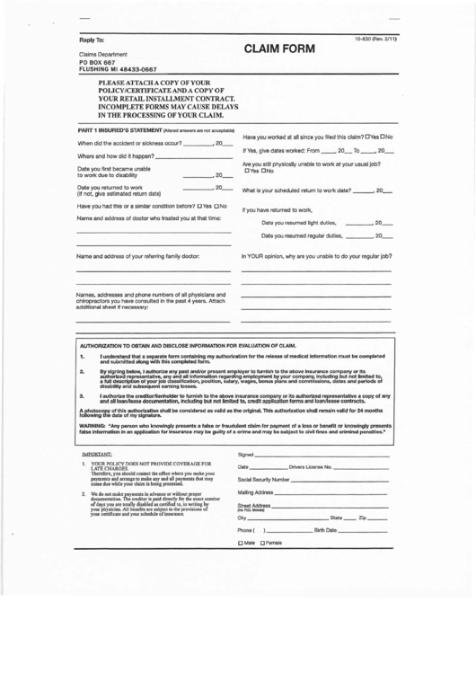 Claim Form Hippa - 10-830 Printable pdf